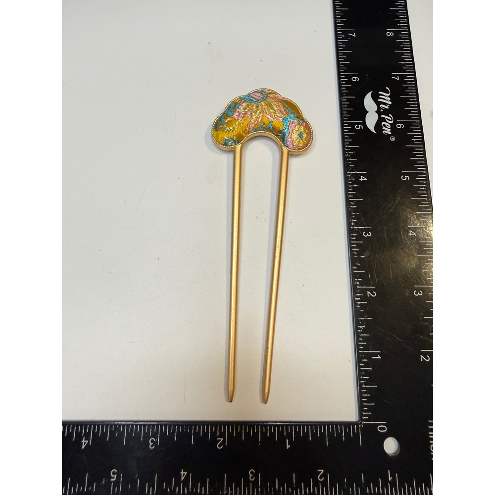 Gold Tone Embroidered Floral Hair Fork Two Prong Bun Pin Yellow Pink Blue